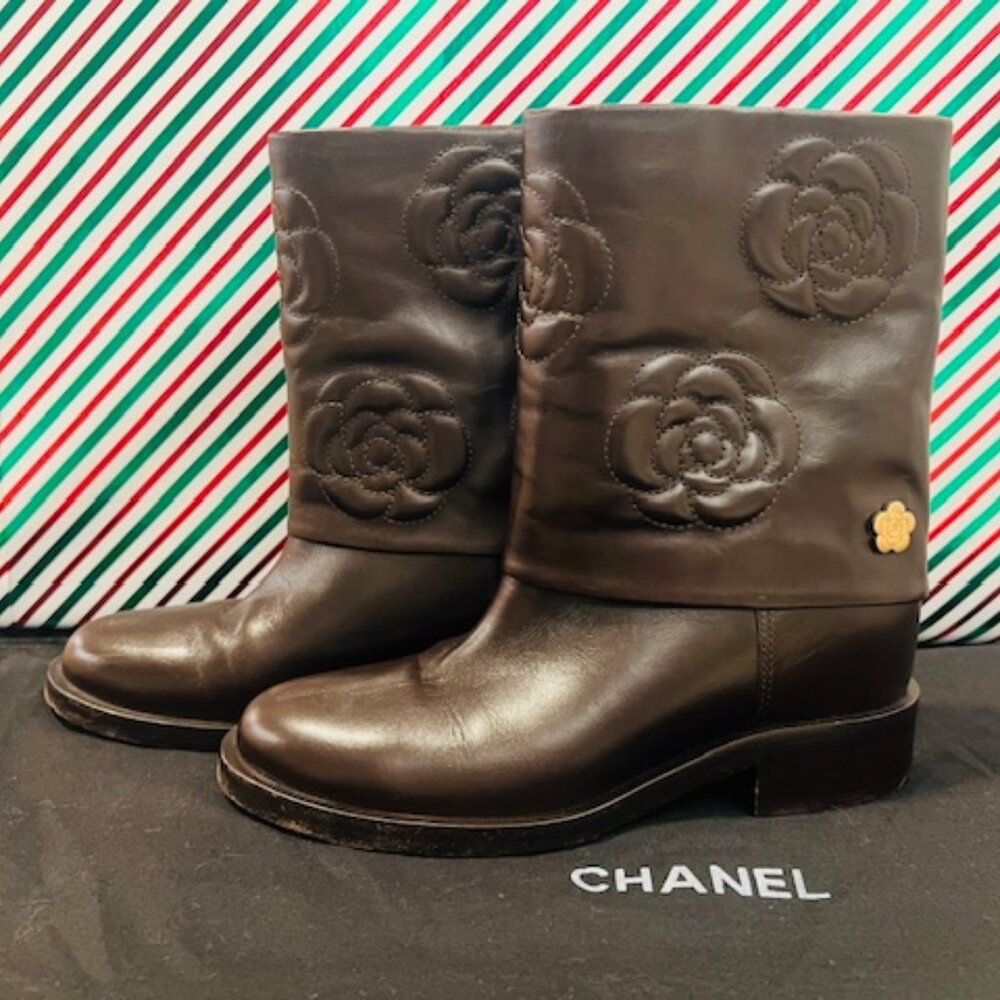 CHANEL Camellia Leather Mid-Calf Boots – Size 38.5 w/ dust bag